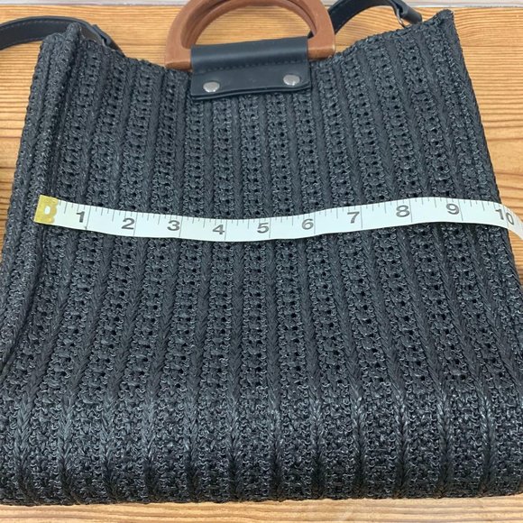 Woven Style Wood Handle Bag With Strap Black - Picture 6 of 9